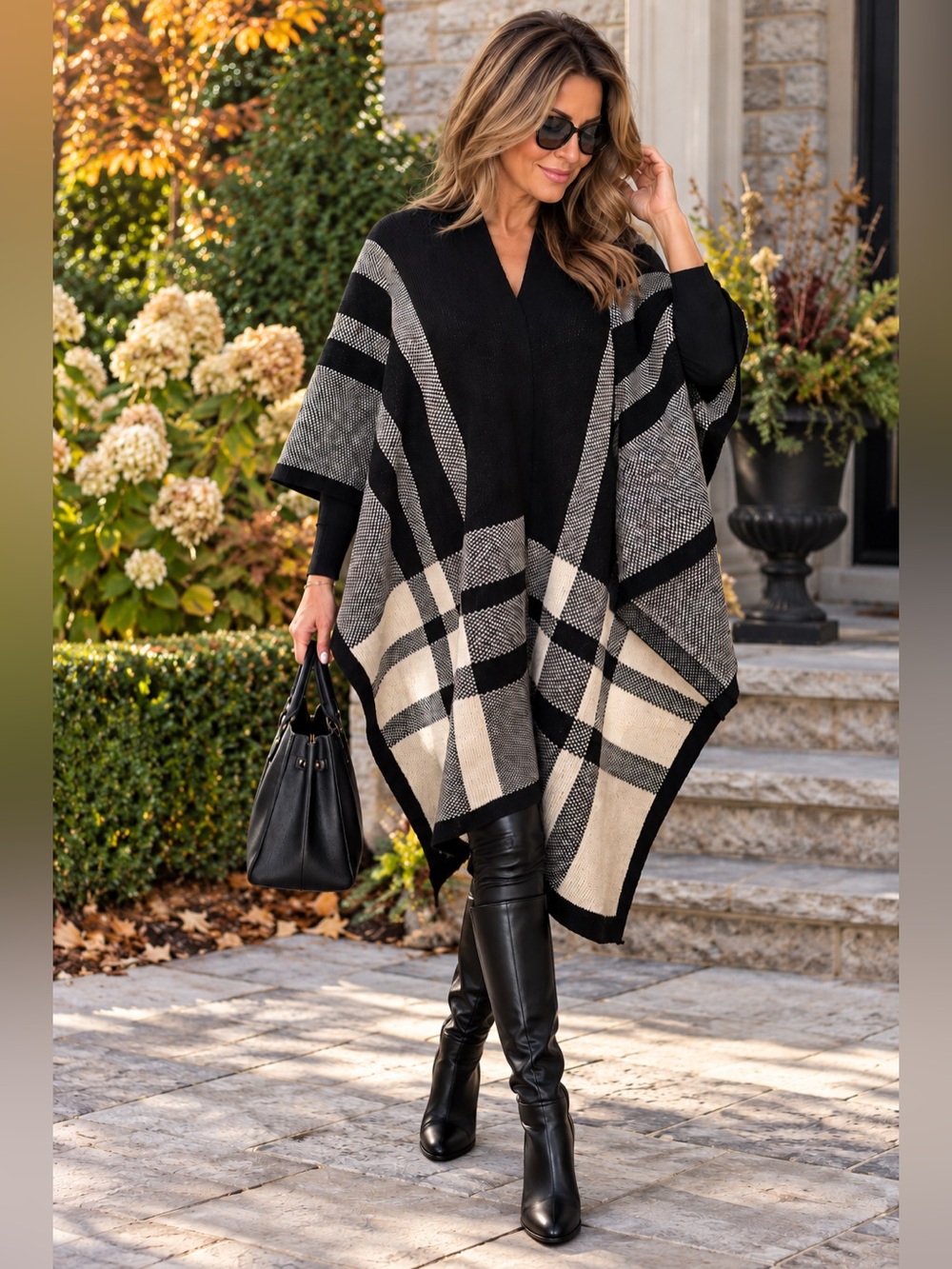 Nicole Miller Original Black & Cream Plaid Knit Poncho